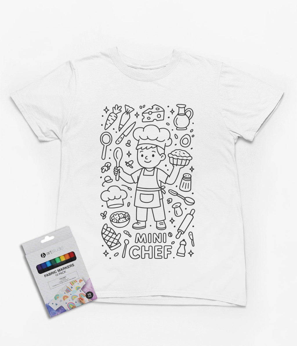 Mini Chef Colour-In T-Shirt – Fun Cooking-Themed Tee with Fabric Markers 3-4 years gift_idea unique_gift personalised_gift