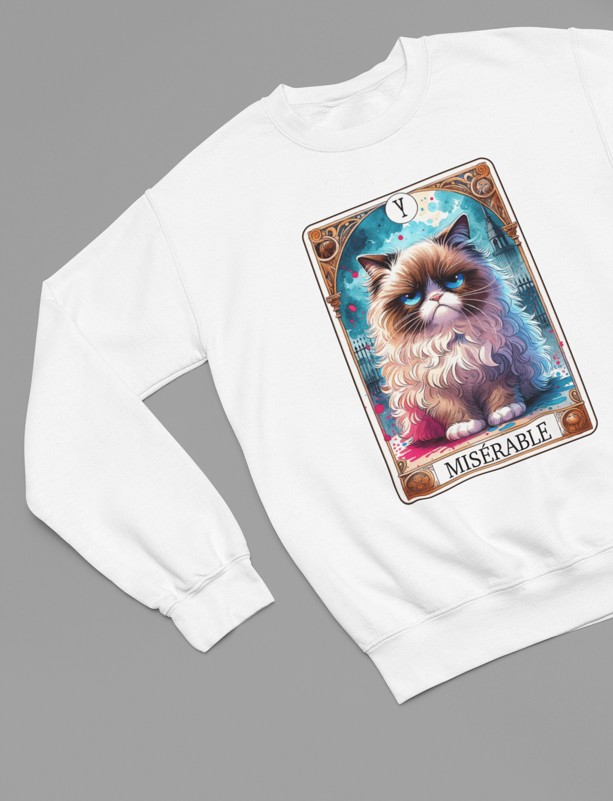 Miserable Cat Tarot Shirt & Sweatshirt | Moody Grumpy Graphic Tee Sweatshirt / small / White gift_idea unique_gift personalised_gift