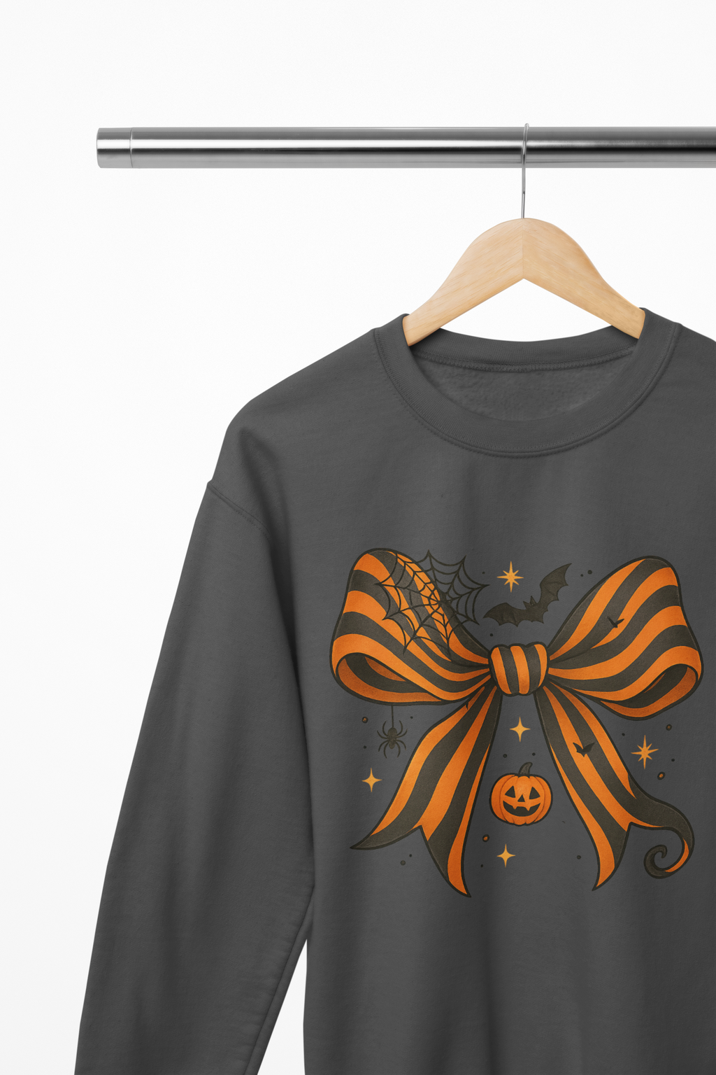 Halloween Coquette Bow Sweatshirt & T-Shirt – Pumpkin, Spider & Bat Design