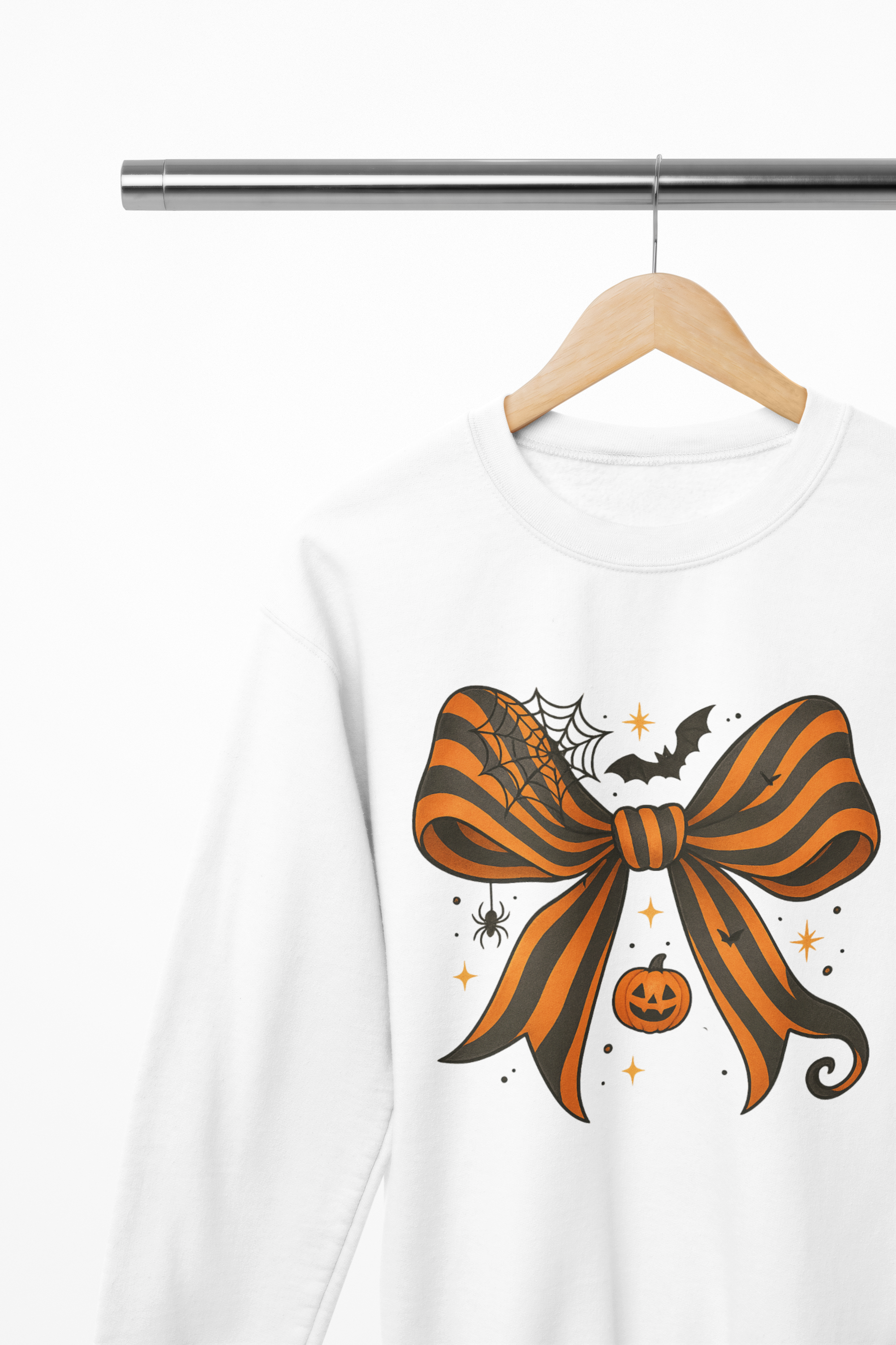 Halloween Coquette Bow Sweatshirt & T-Shirt – Pumpkin, Spider & Bat Design