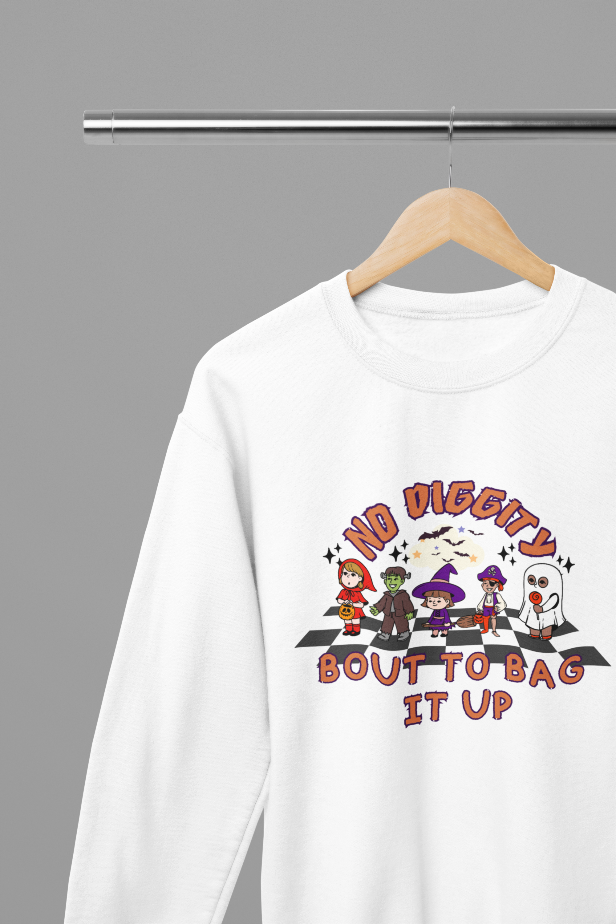 Funny Halloween Sweatshirt & T-Shirt | No Diggity Bout To Bag It Up