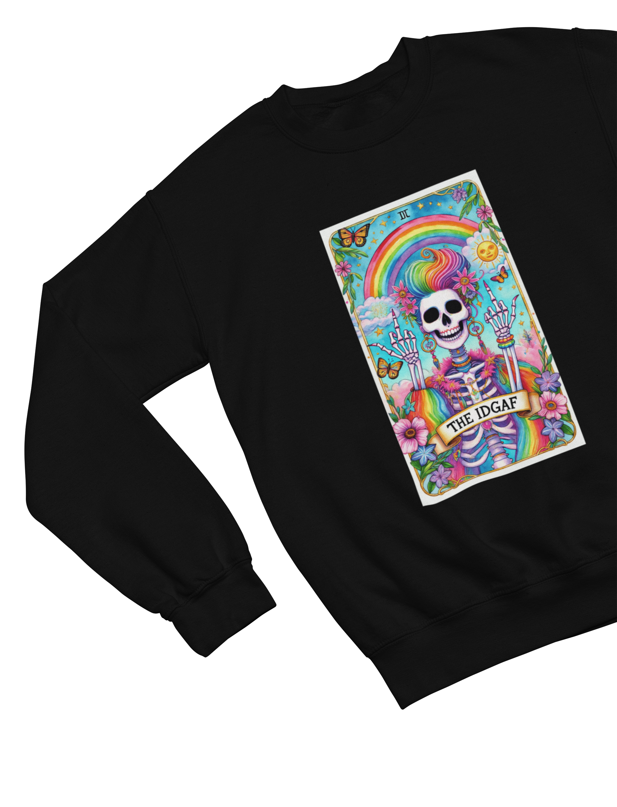 IDGAF Tarot Card Skeleton Sweatshirt & T-Shirt – Rainbow Gothic Style