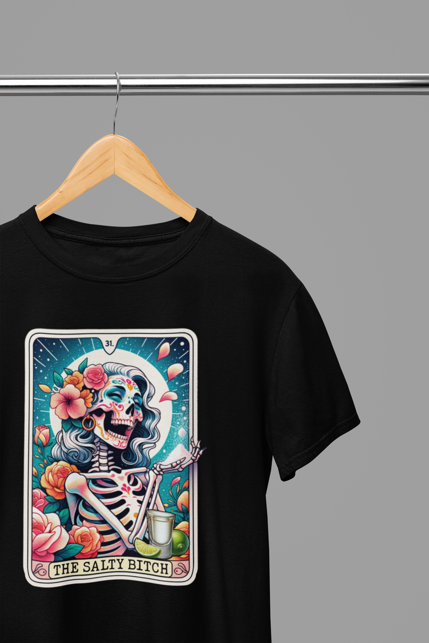 The Salty Bitch Tarot Shirt & Sweatshirt | Tequila Skeleton Floral Tee