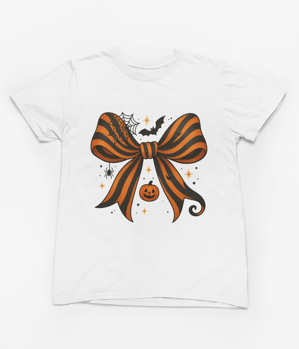 Halloween Coquette Bow Sweatshirt & T-Shirt – Pumpkin, Spider & Bat Design