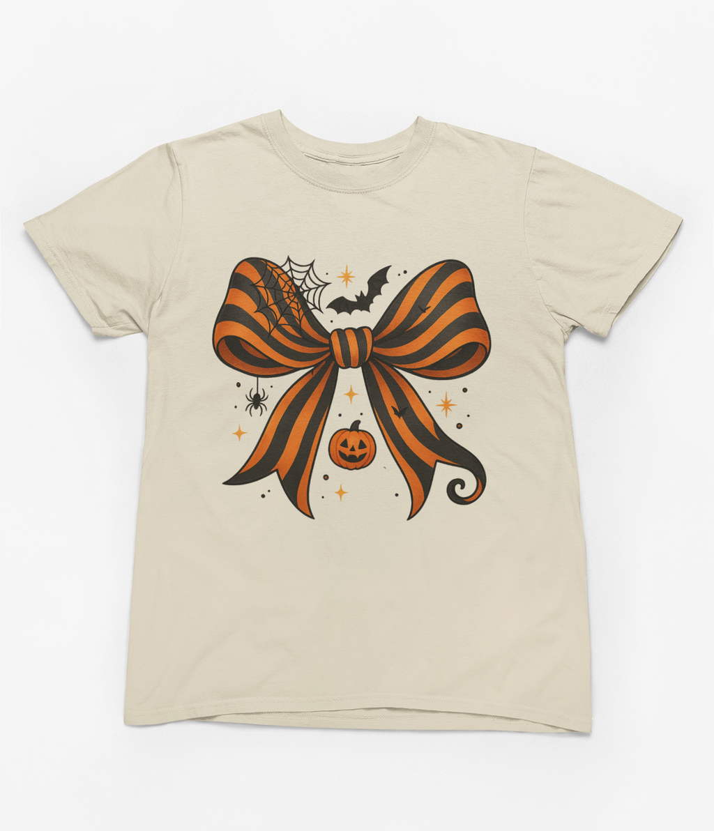 Halloween Coquette Bow Sweatshirt & T-Shirt – Pumpkin, Spider & Bat Design