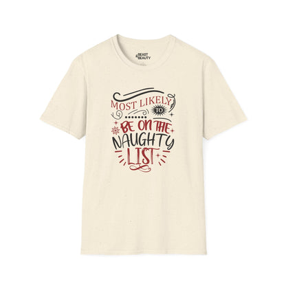 most likely to be on the naughty list christmas t-shirt natural t-shirt uk Christmas gift idea
