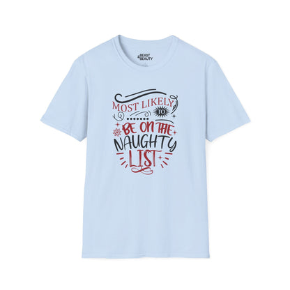 most likely to be on the naughty list christmas t-shirt light blue t-shirt uk Christmas gift idea