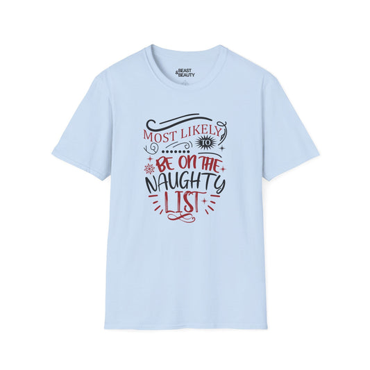 most likely to be on the naughty list christmas t-shirt light blue t-shirt uk Christmas gift idea