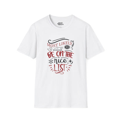most likely to be on the nice list christmas t-shirt white t-shirt uk Christmas gift idea