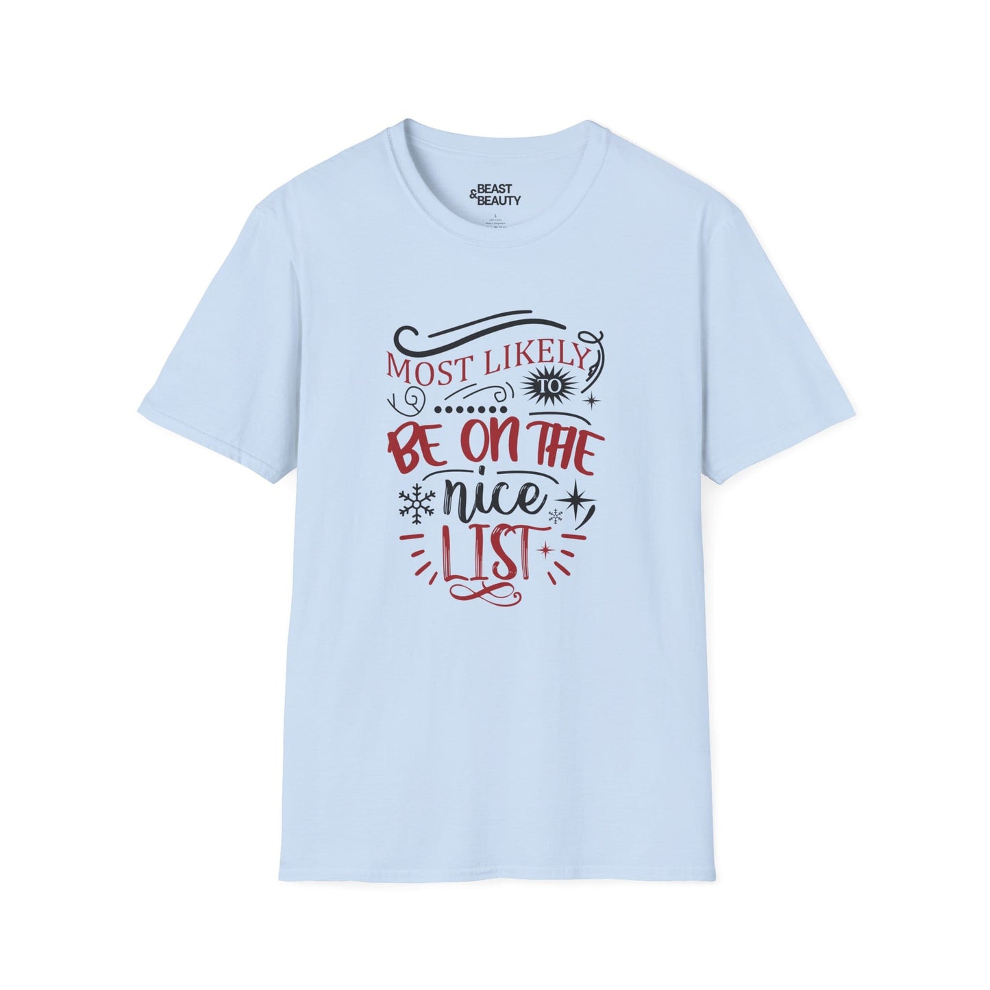 most likely to be on the nice list christmas t-shirt light blue t-shirt uk Christmas gift idea