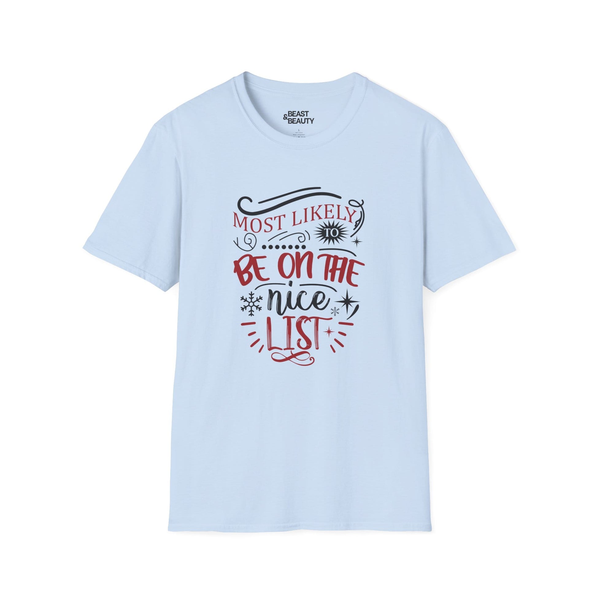 most likely to be on the nice list christmas t-shirt light blue t-shirt uk Christmas gift idea