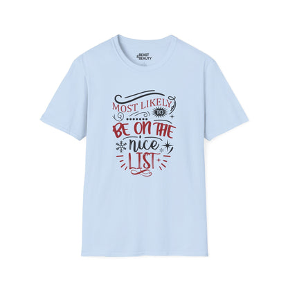 most likely to be on the nice list christmas t-shirt light blue t-shirt uk Christmas gift idea