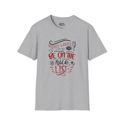 most likely to be on the nice list christmas t-shirt sport grey t-shirt uk Christmas gift idea