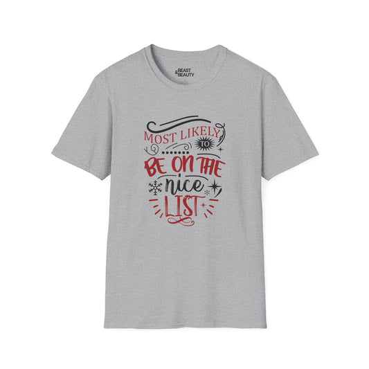 most likely to be on the nice list christmas t-shirt sport grey t-shirt uk Christmas gift idea