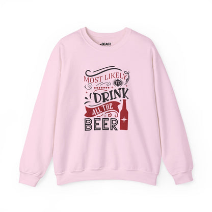 most likely to drink all the beer christmas sweatshirt light pink sweatshirt uk Christmas gift idea