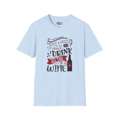 most likely to drink all the wine christmas t-shirt light blue t-shirt uk Christmas gift idea