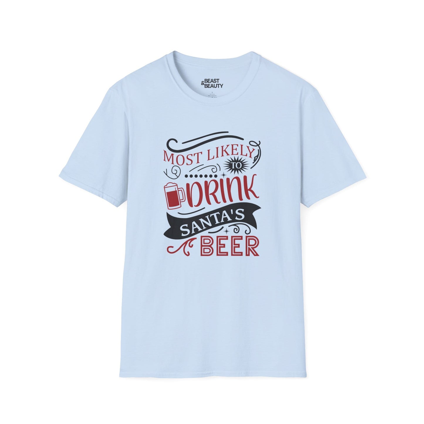 most likely to drink santa s beer christmas t-shirt light blue t-shirt uk Christmas gift idea