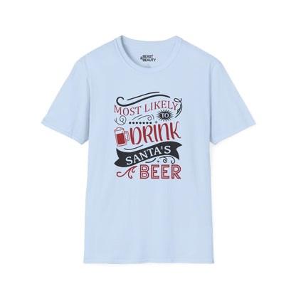 most likely to drink santa s beer christmas t-shirt light blue t-shirt uk Christmas gift idea