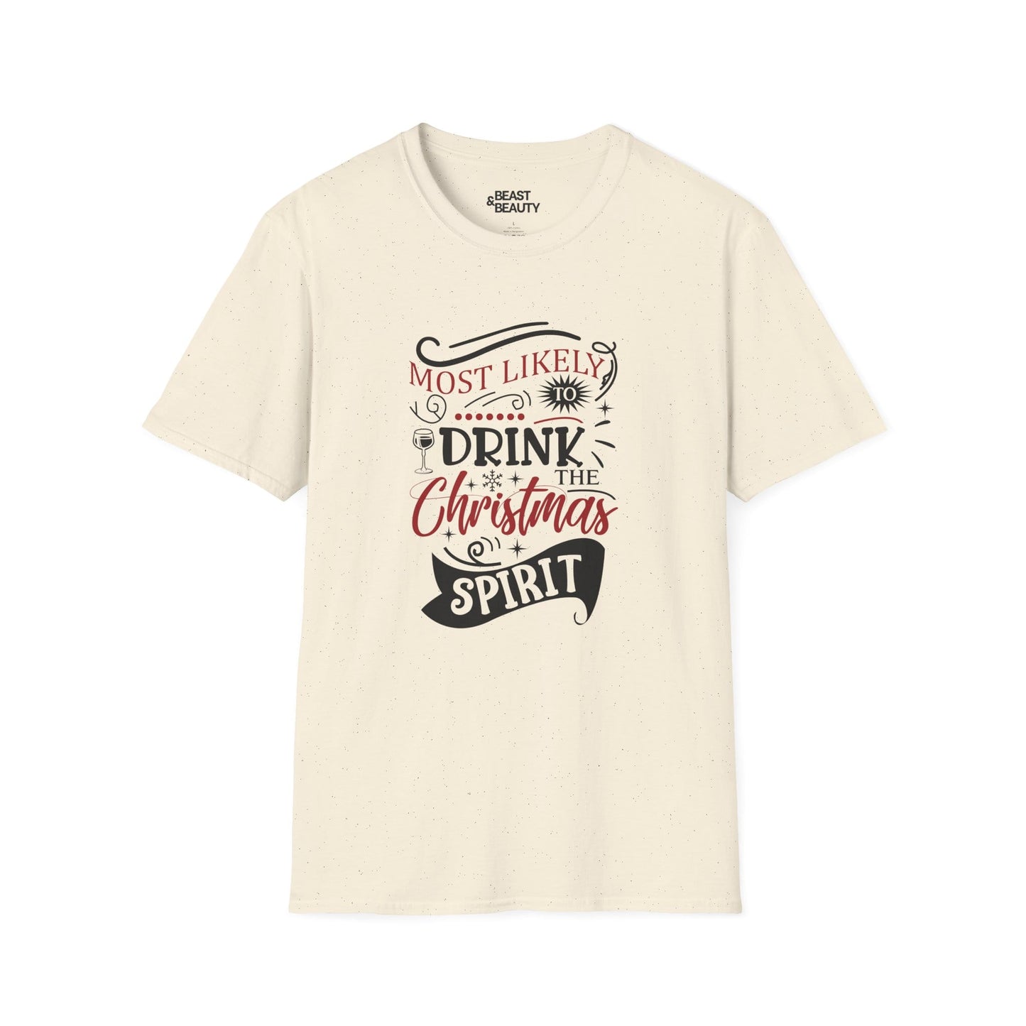 most likely to drink the christmas spirit t-shirt natural t-shirt uk Christmas gift idea