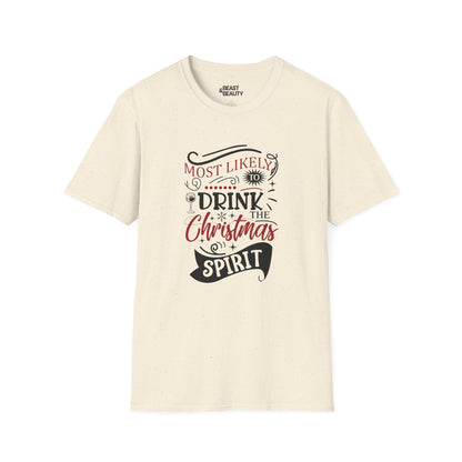 most likely to drink the christmas spirit t-shirt natural t-shirt uk Christmas gift idea