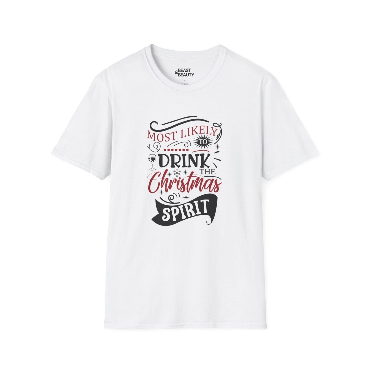 most likely to drink the christmas spirit t-shirt white t-shirt uk Christmas gift idea