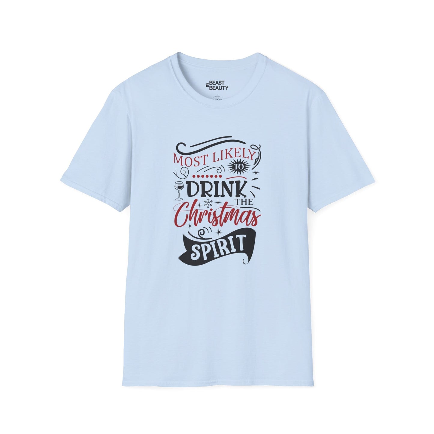 most likely to drink the christmas spirit t-shirt light blue t-shirt uk Christmas gift idea