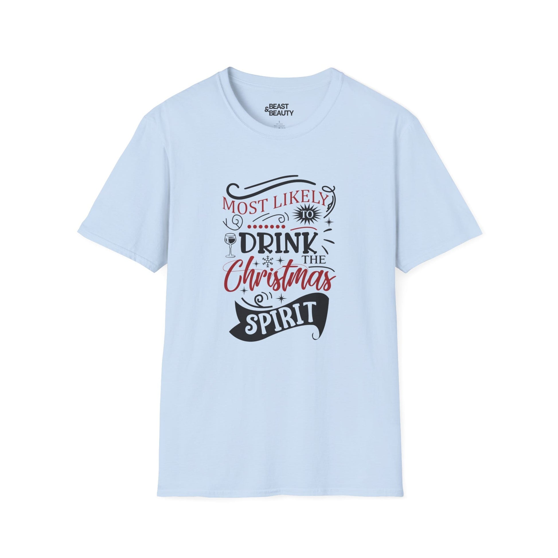 most likely to drink the christmas spirit t-shirt light blue t-shirt uk Christmas gift idea