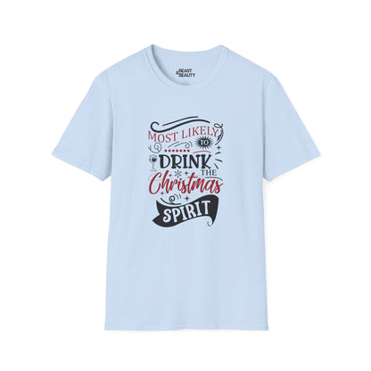 most likely to drink the christmas spirit t-shirt light blue t-shirt uk Christmas gift idea