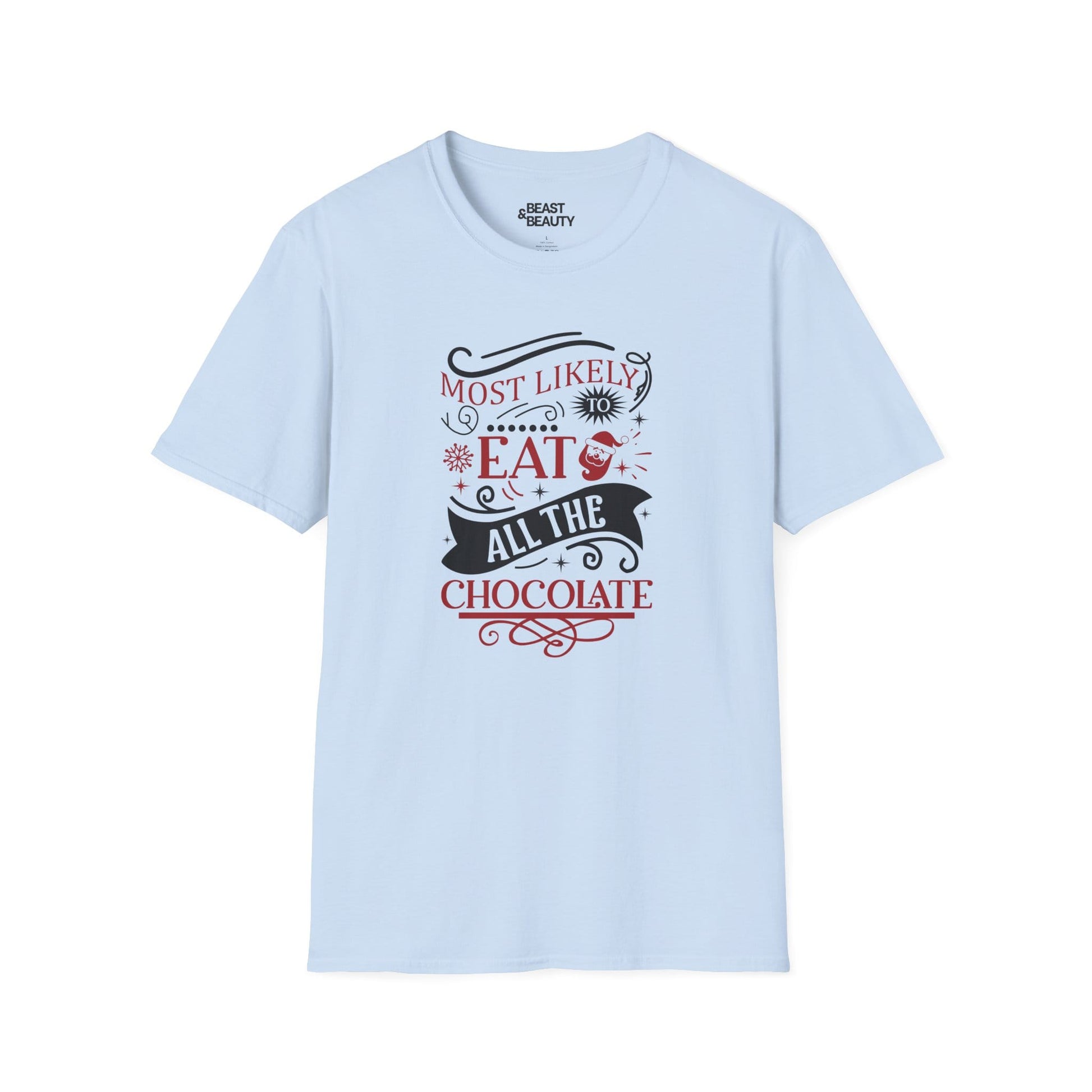 most likely to eat all the chocolate christmas t-shirt light blue t-shirt uk Christmas gift idea
