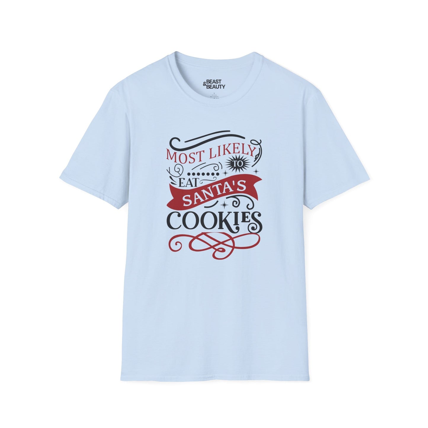 most likely to eat santa s cookies christmas t-shirt light blue t-shirt uk Christmas gift idea