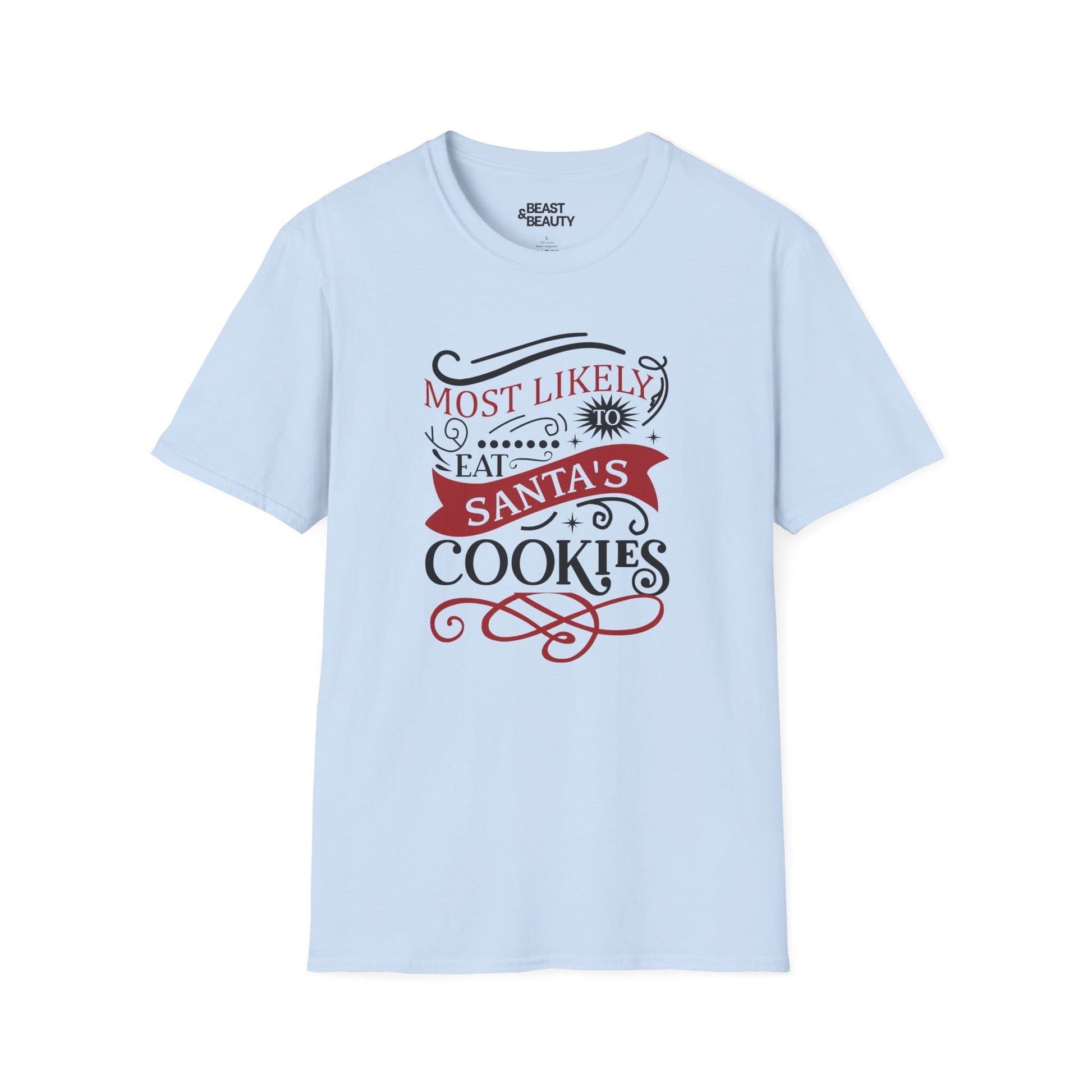 most likely to eat santa s cookies christmas t-shirt light blue t-shirt uk Christmas gift idea
