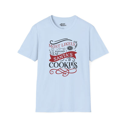 most likely to eat santa s cookies christmas t-shirt light blue t-shirt uk Christmas gift idea