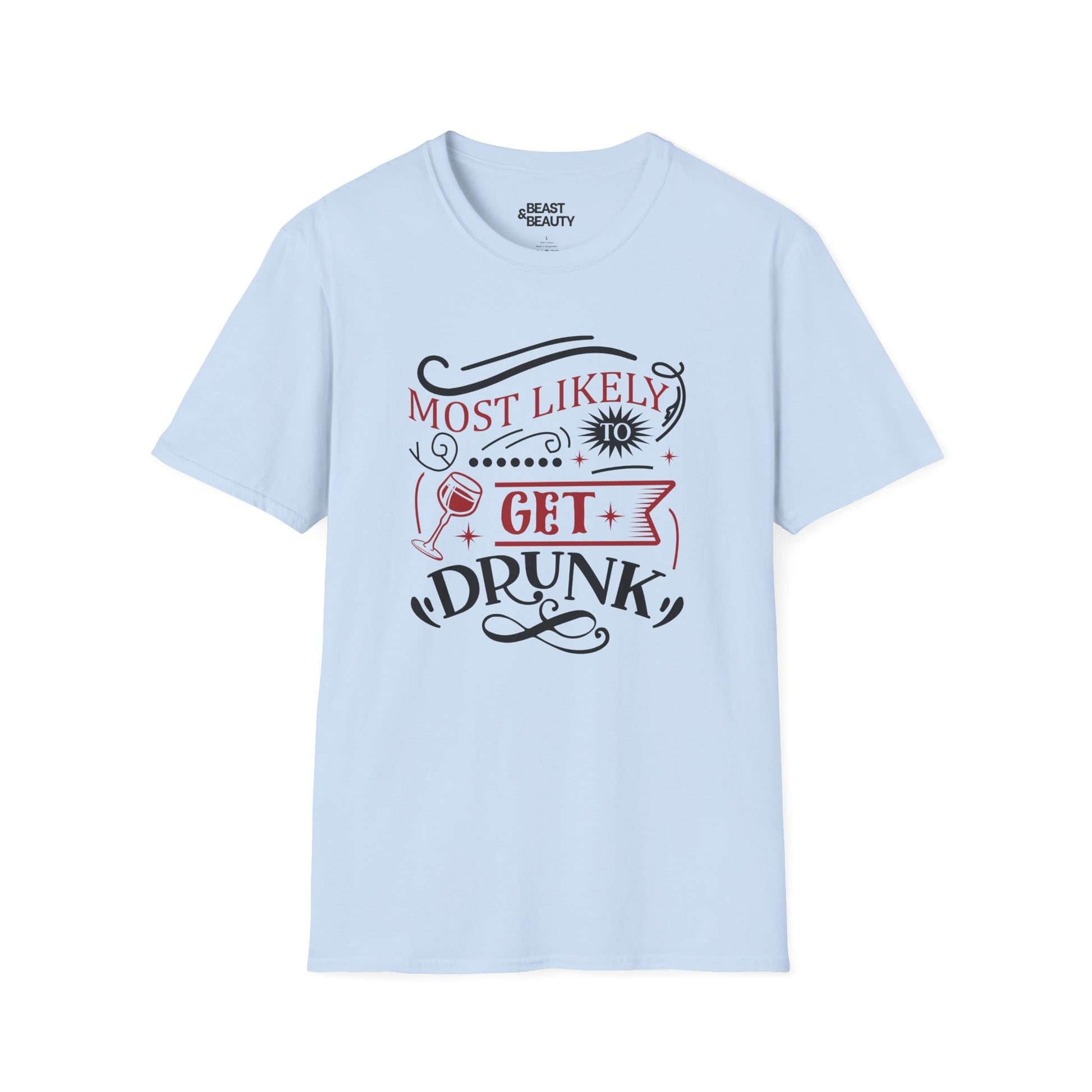 most likely to get drunk christmas t-shirt light blue t-shirt uk Christmas gift idea