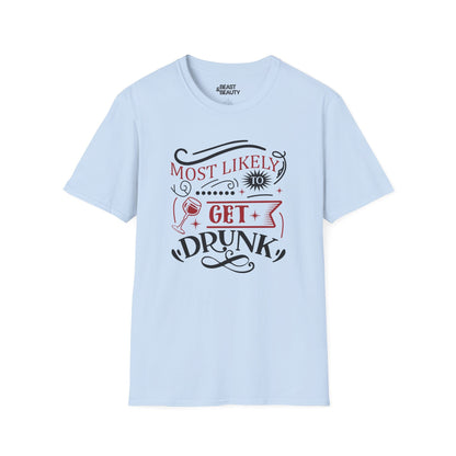 most likely to get drunk christmas t-shirt light blue t-shirt uk Christmas gift idea