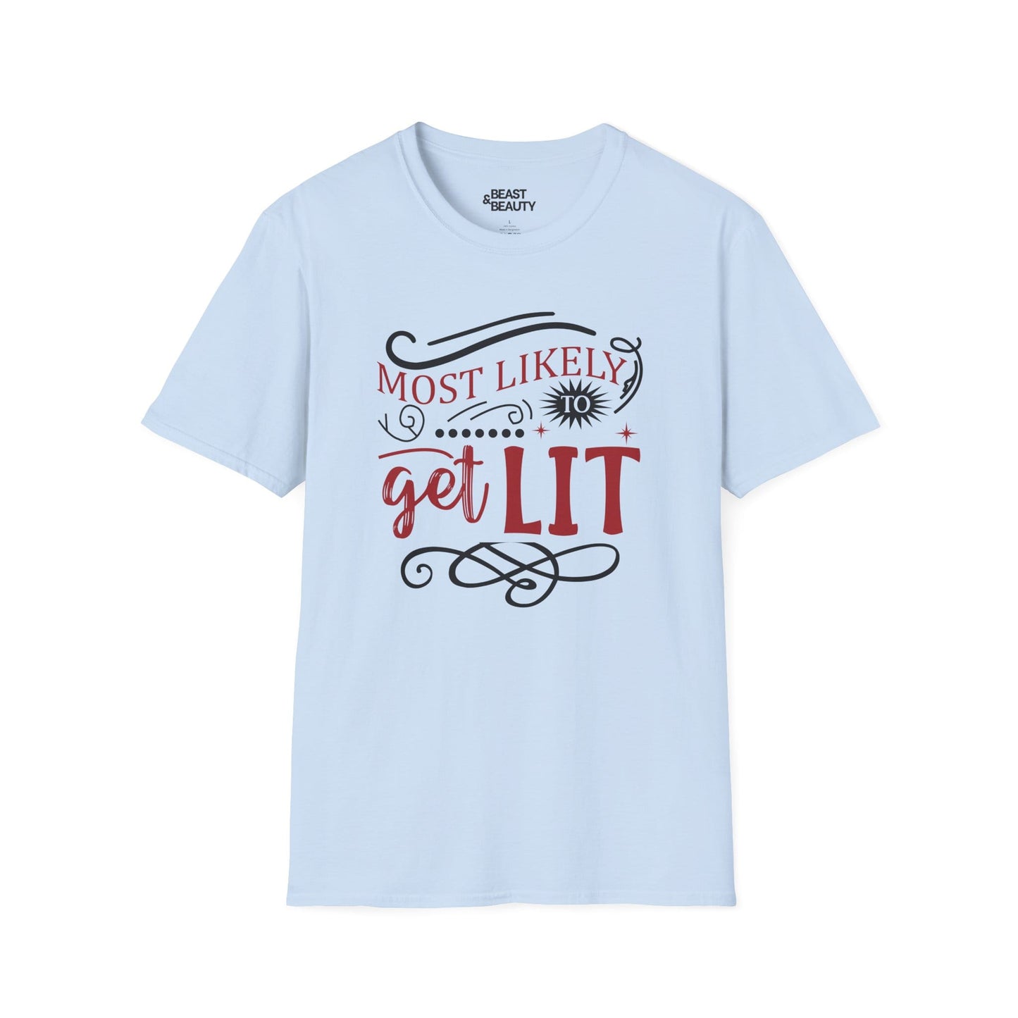 most likely to get lit christmas t-shirt light blue t-shirt uk Christmas gift idea