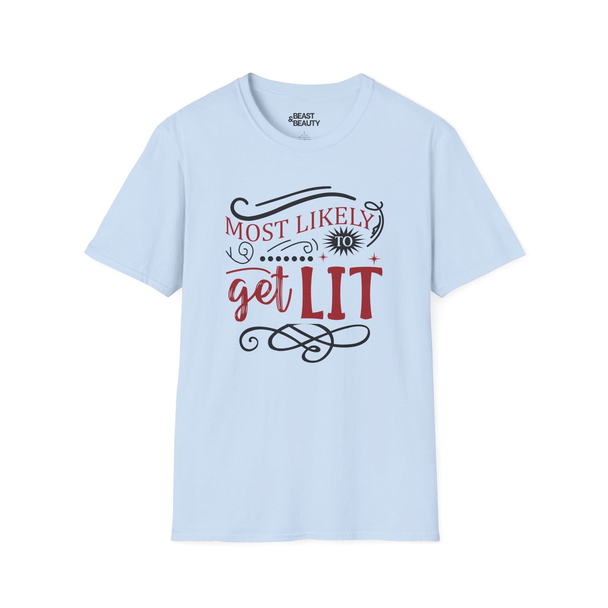 most likely to get lit christmas t-shirt light blue t-shirt uk Christmas gift idea