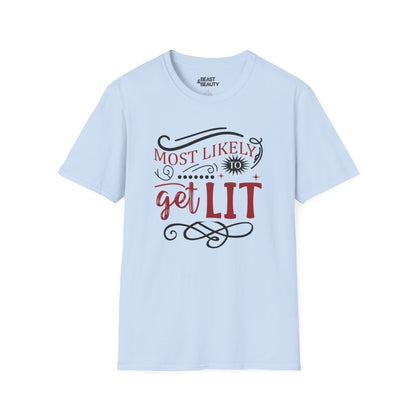 most likely to get lit christmas t-shirt light blue t-shirt uk Christmas gift idea