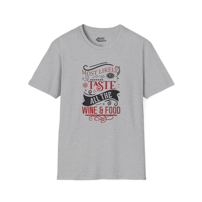 most likely to taste all the wine & food christmas t-shirt sport grey t-shirt uk Christmas gift idea