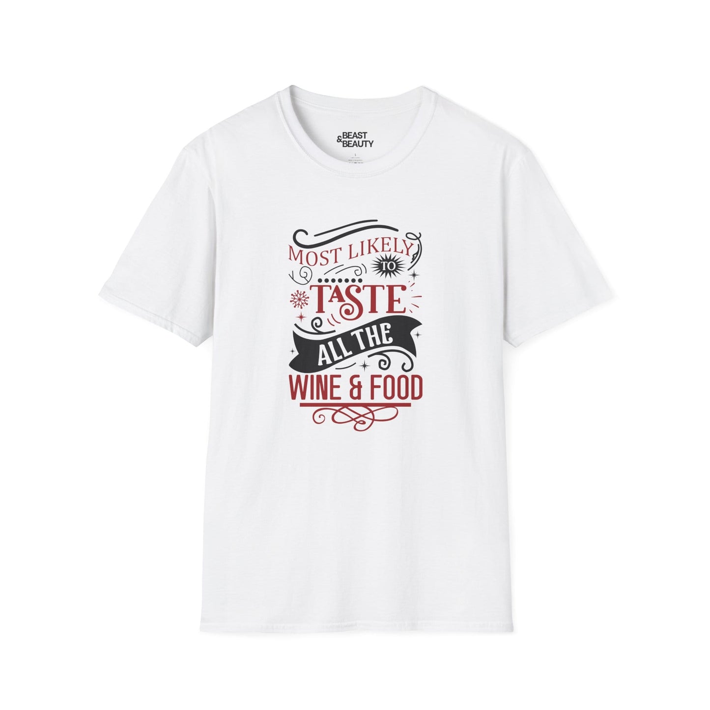 most likely to taste all the wine & food christmas t-shirt white t-shirt uk Christmas gift idea