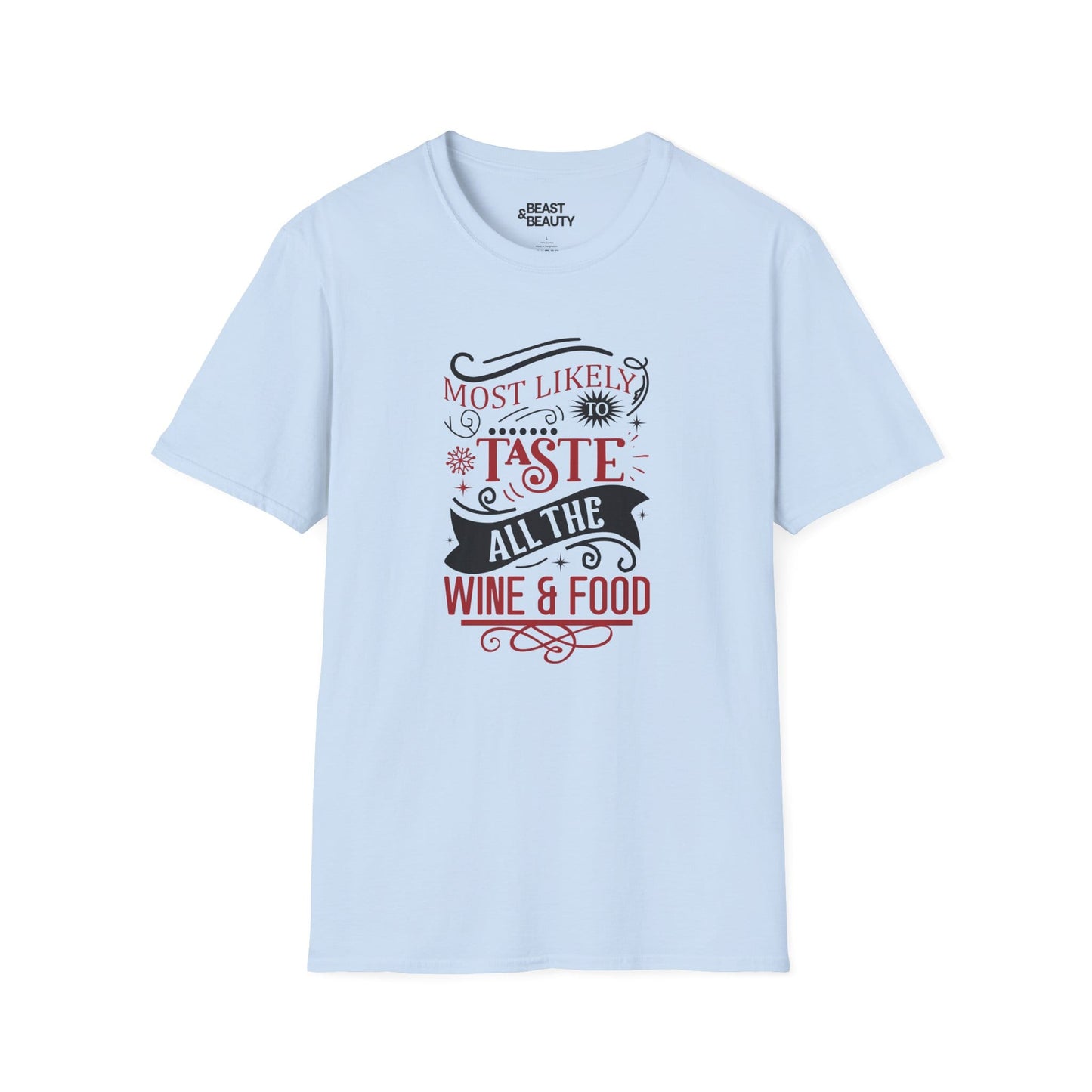 most likely to taste all the wine & food christmas t-shirt light blue t-shirt uk Christmas gift idea