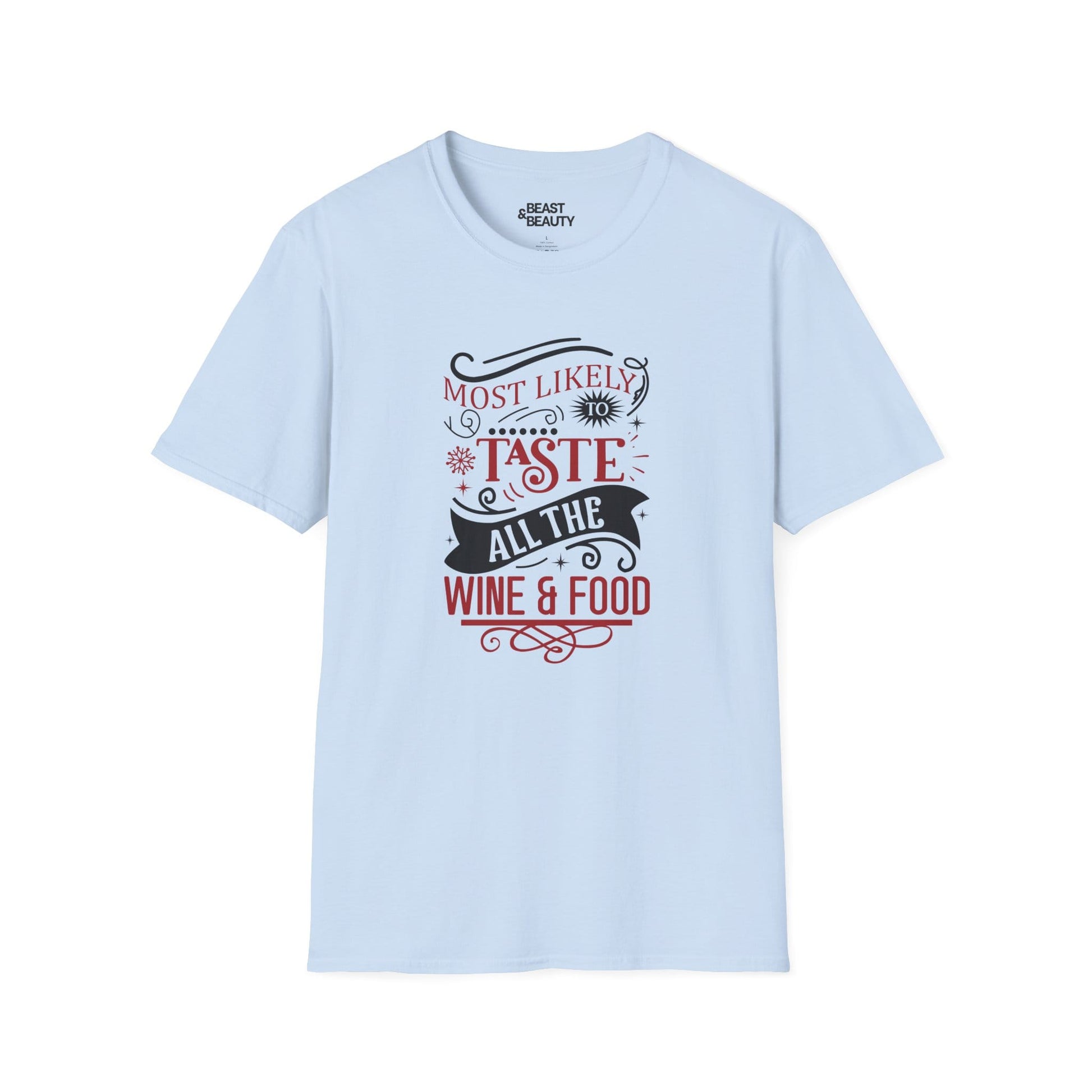 most likely to taste all the wine & food christmas t-shirt light blue t-shirt uk Christmas gift idea