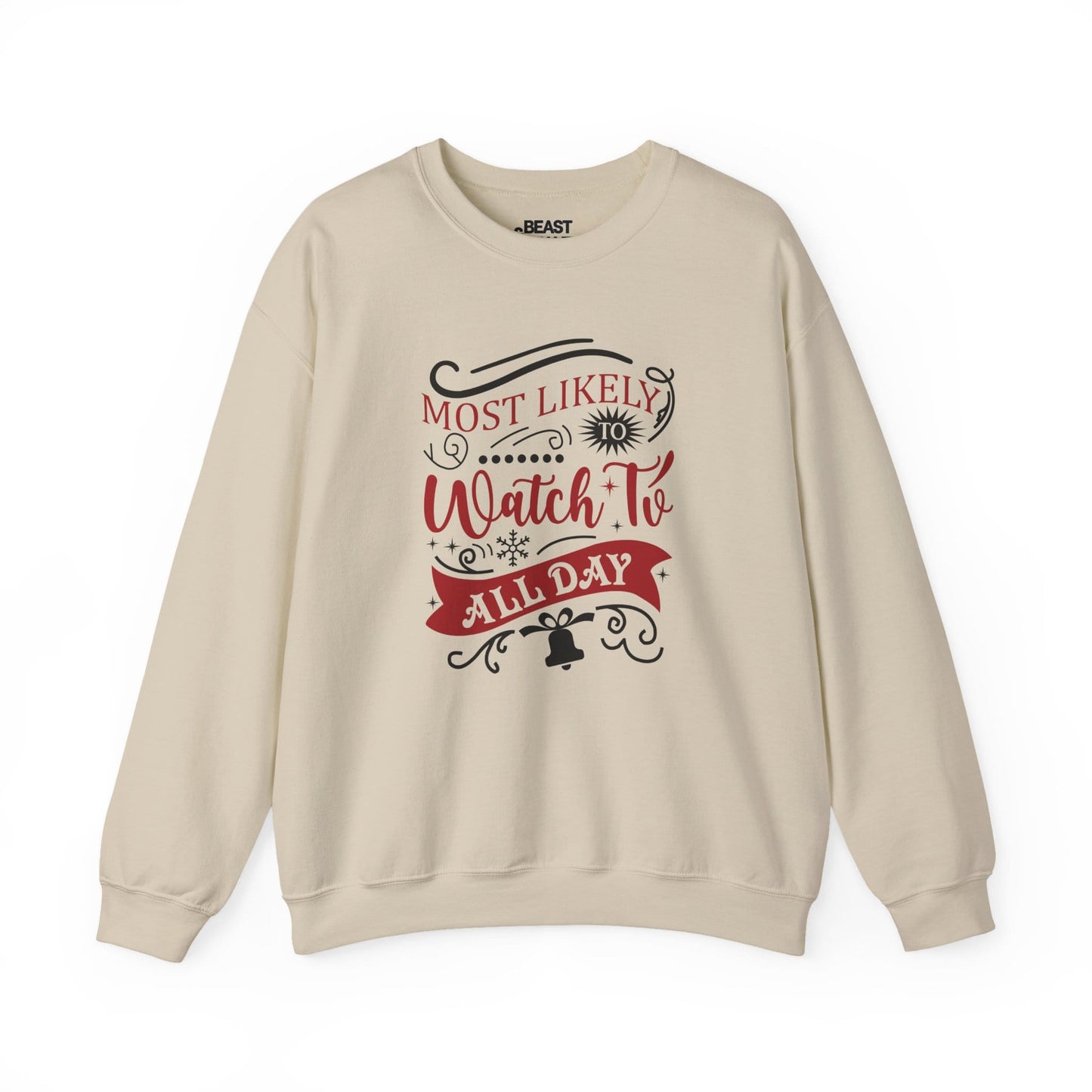 most likely to watch tv all day christmas sweatshirt sand sweatshirt uk Christmas gift idea