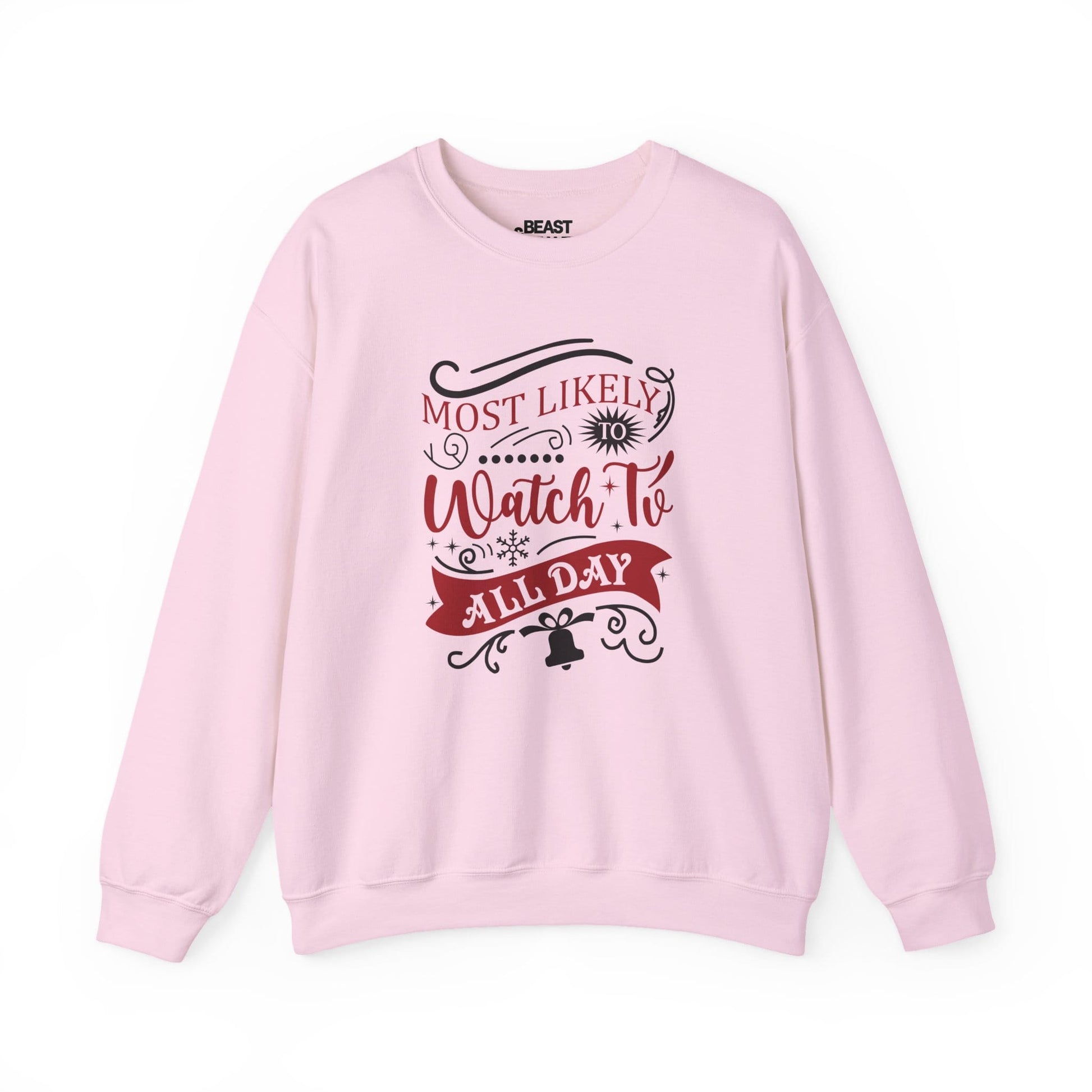 most likely to watch tv all day christmas sweatshirt light pink sweatshirt uk Christmas gift idea