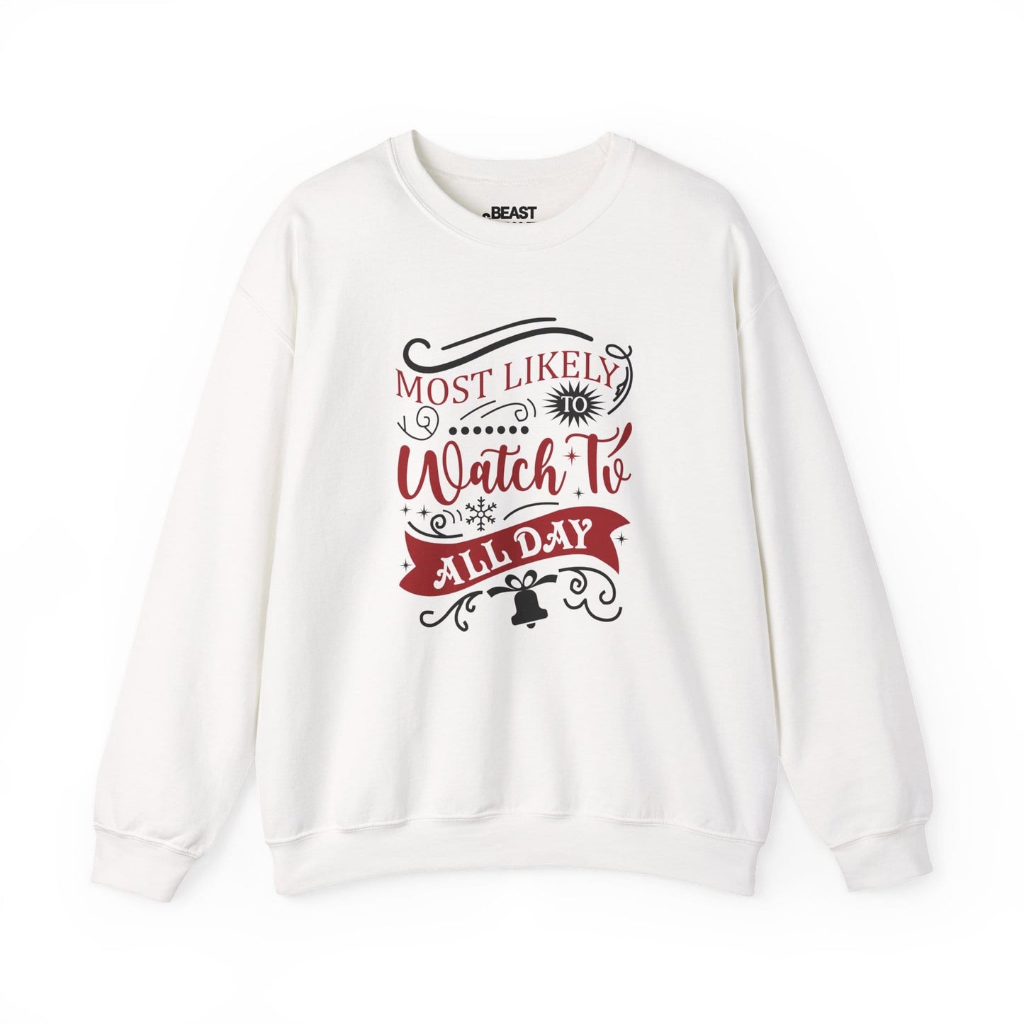 most likely to watch tv all day christmas sweatshirt white sweatshirt uk Christmas gift idea