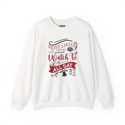 most likely to watch tv all day christmas sweatshirt white sweatshirt uk Christmas gift idea