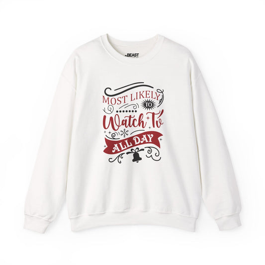 most likely to watch tv all day christmas sweatshirt white sweatshirt uk Christmas gift idea