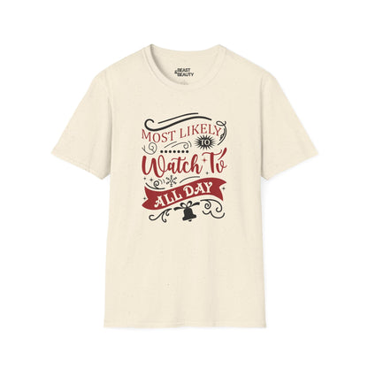 most likely to watch tv all day t-shirt natural t-shirt uk Christmas gift idea