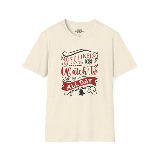 most likely to watch tv all day t-shirt natural t-shirt uk Christmas gift idea