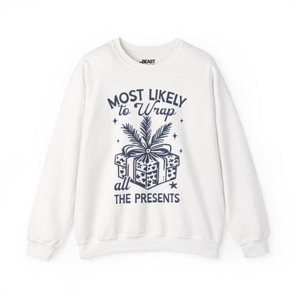 most likely to wrap all the presents christmas sweatshirt white sweatshirt uk Christmas gift idea