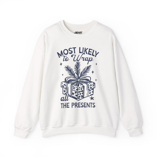 most likely to wrap all the presents christmas sweatshirt white sweatshirt uk Christmas gift idea